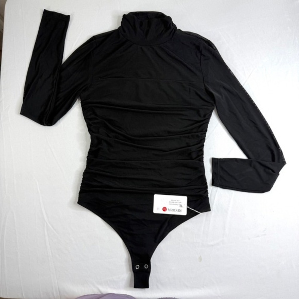 REORIA Womens Black Mock Neck Ruched Long Sleeve Mesh Bodysuit Small NWT